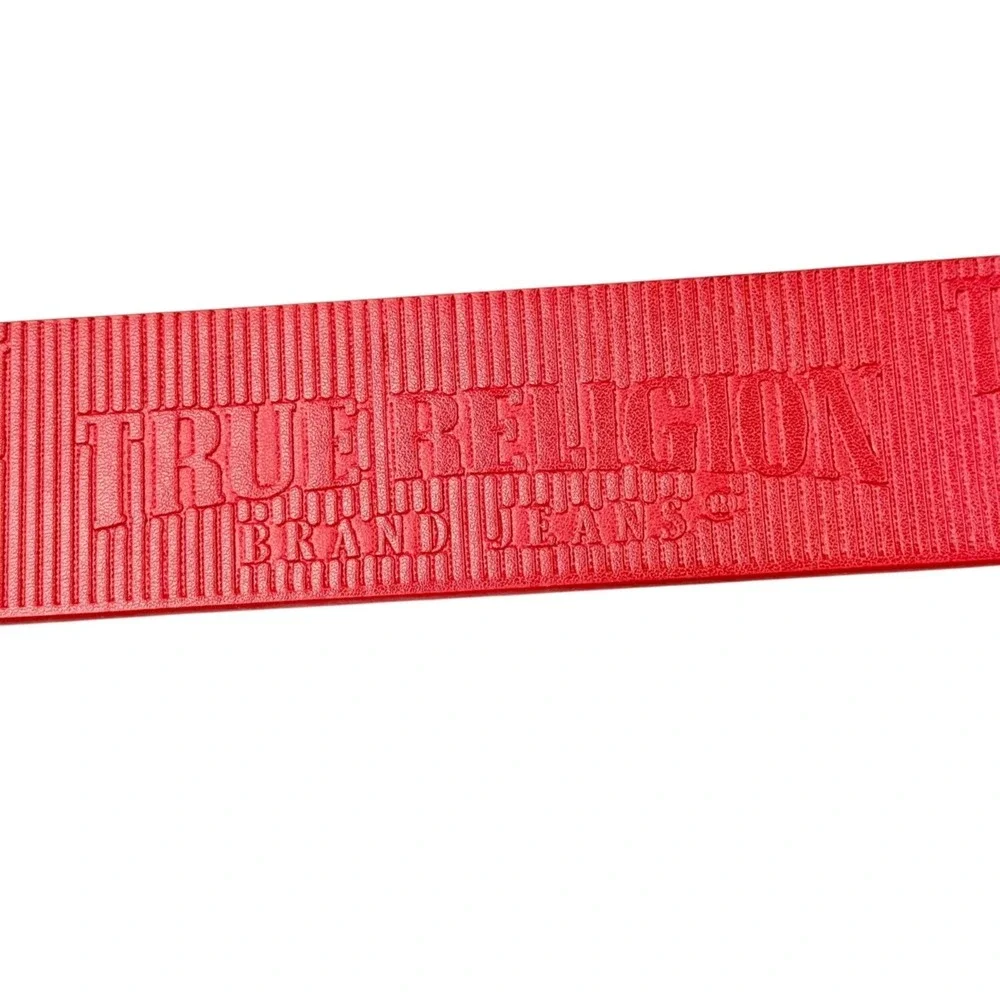 True Religion Mens Red Belt Textured Logo Roller Buckle Faux Leather Size 28 NWT